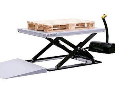 Low profile scissor table with pallet truck ramp